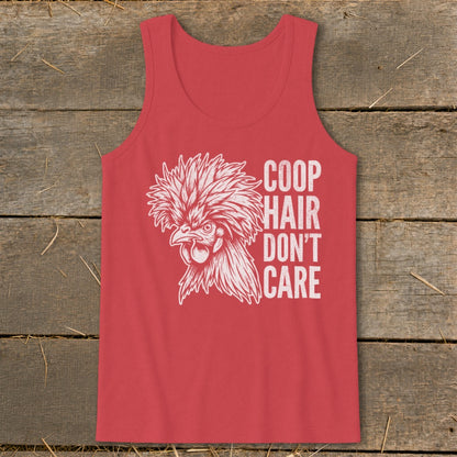Red tank top with chicken graphic and "Coop Hair Don't Care" text.