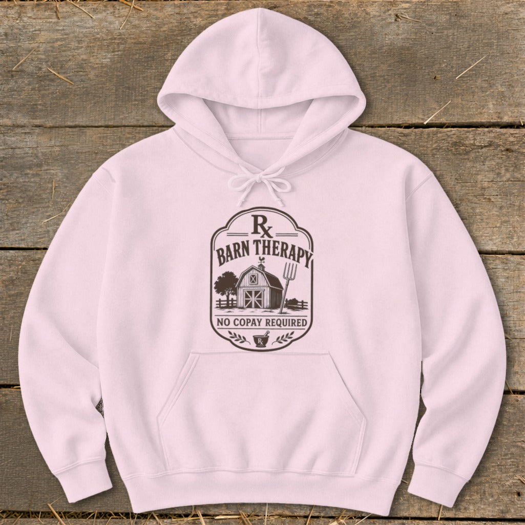 Pink hoodie with "Barn Therapy No Copay Required" and barn graphic.