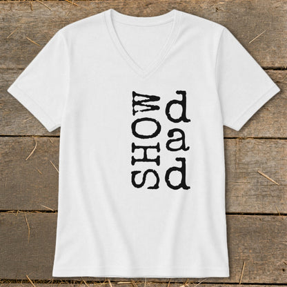 White V-neck t-shirt with vertical "dad SHOW" text in black typewriter font.