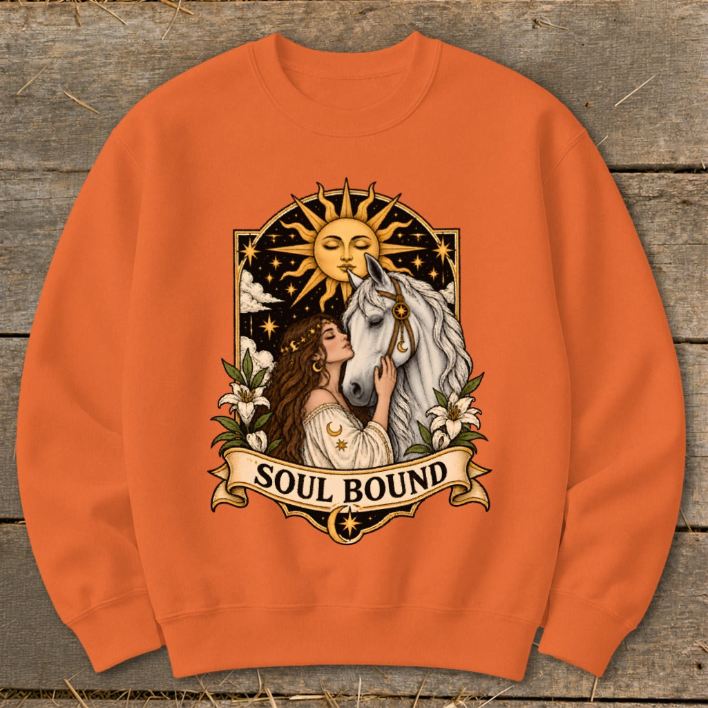 Graphic of a woman embracing a white horse with the sun and stars, text reads "SOUL BOUND".