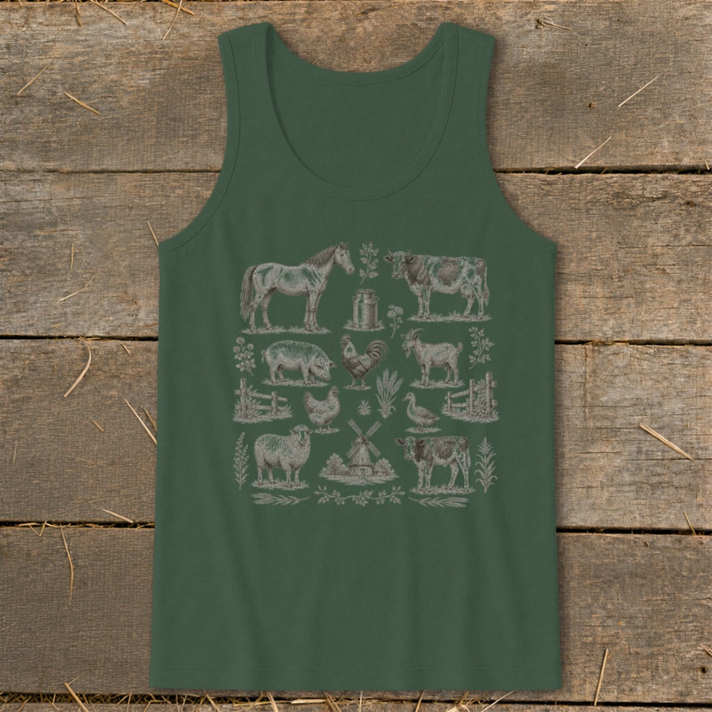 Green tank top with a vintage-style farm animal illustration collage.