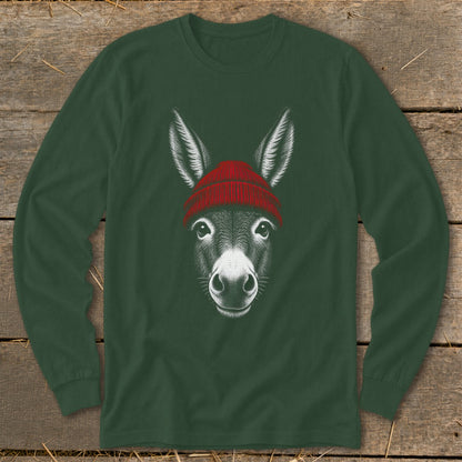 Dark green long-sleeve t-shirt featuring a white illustration of a donkey wearing a red beanie.