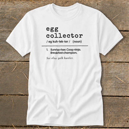 White t-shirt with "egg collector" definition text including pronunciation and description.