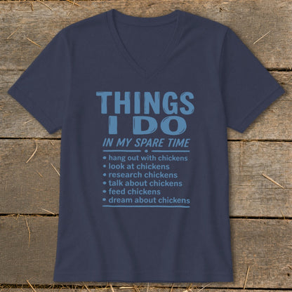 Navy t-shirt with text "Things I do in my spare time" and chicken-related activities.