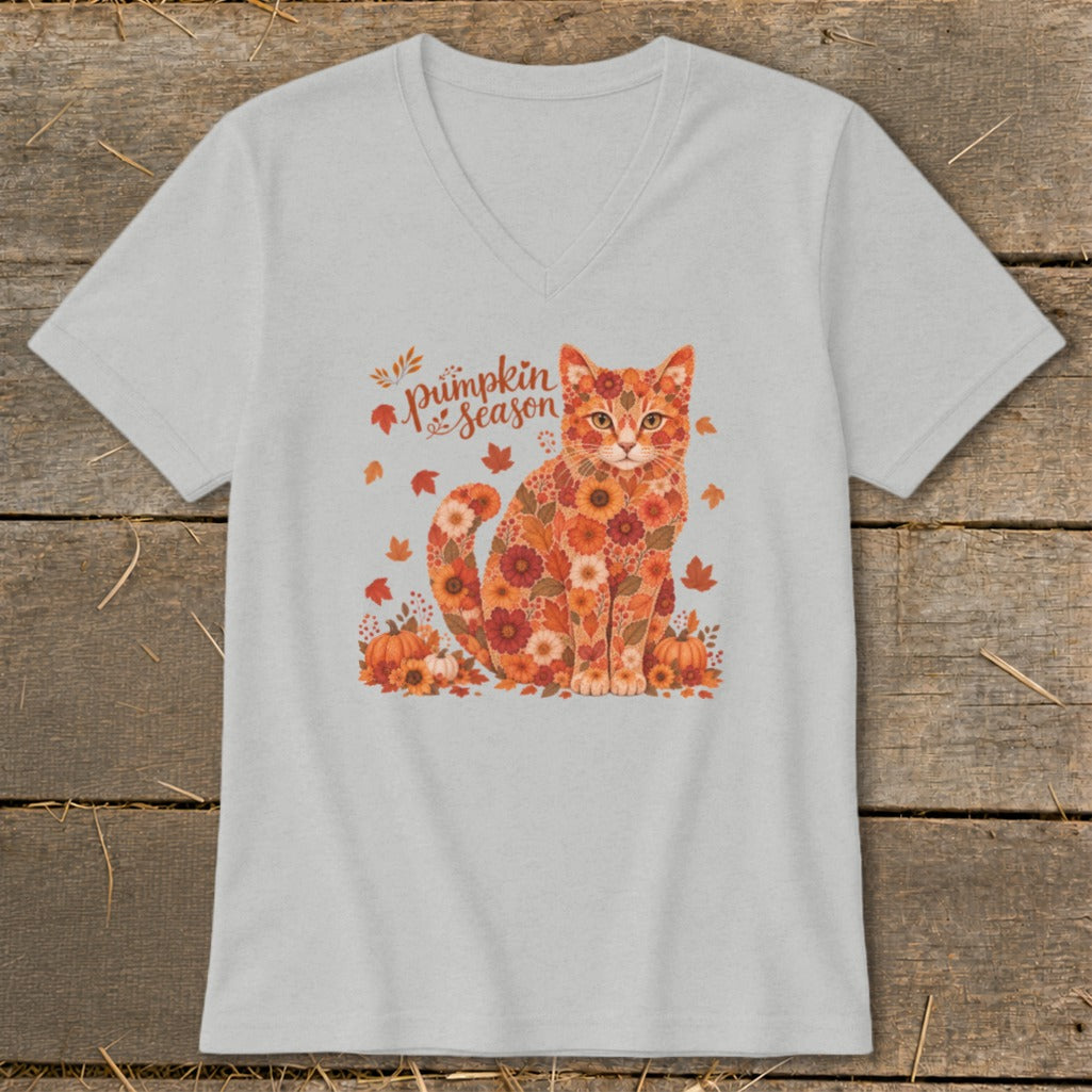 Gray t-shirt with floral cat and "Pumpkin Season" text.