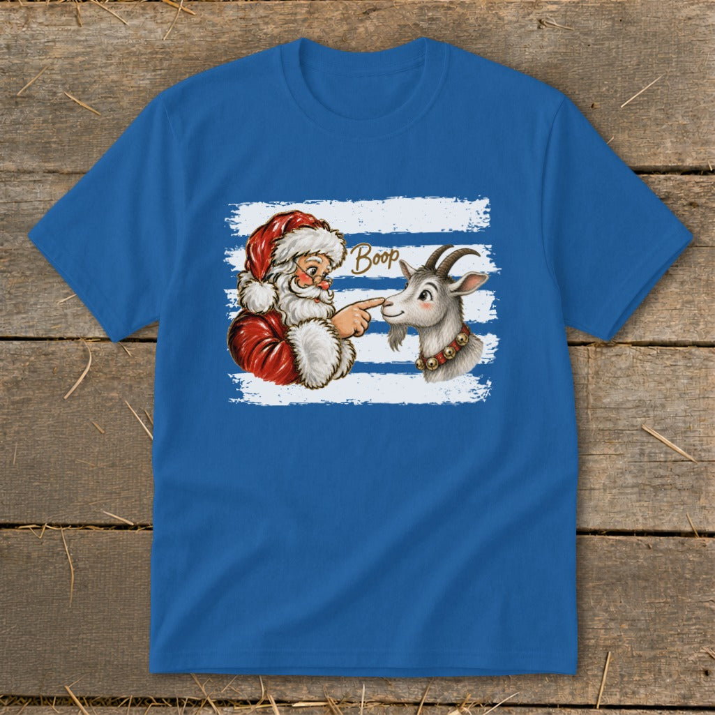 Santa boops a goat on the nose with the word "Boop" above them.