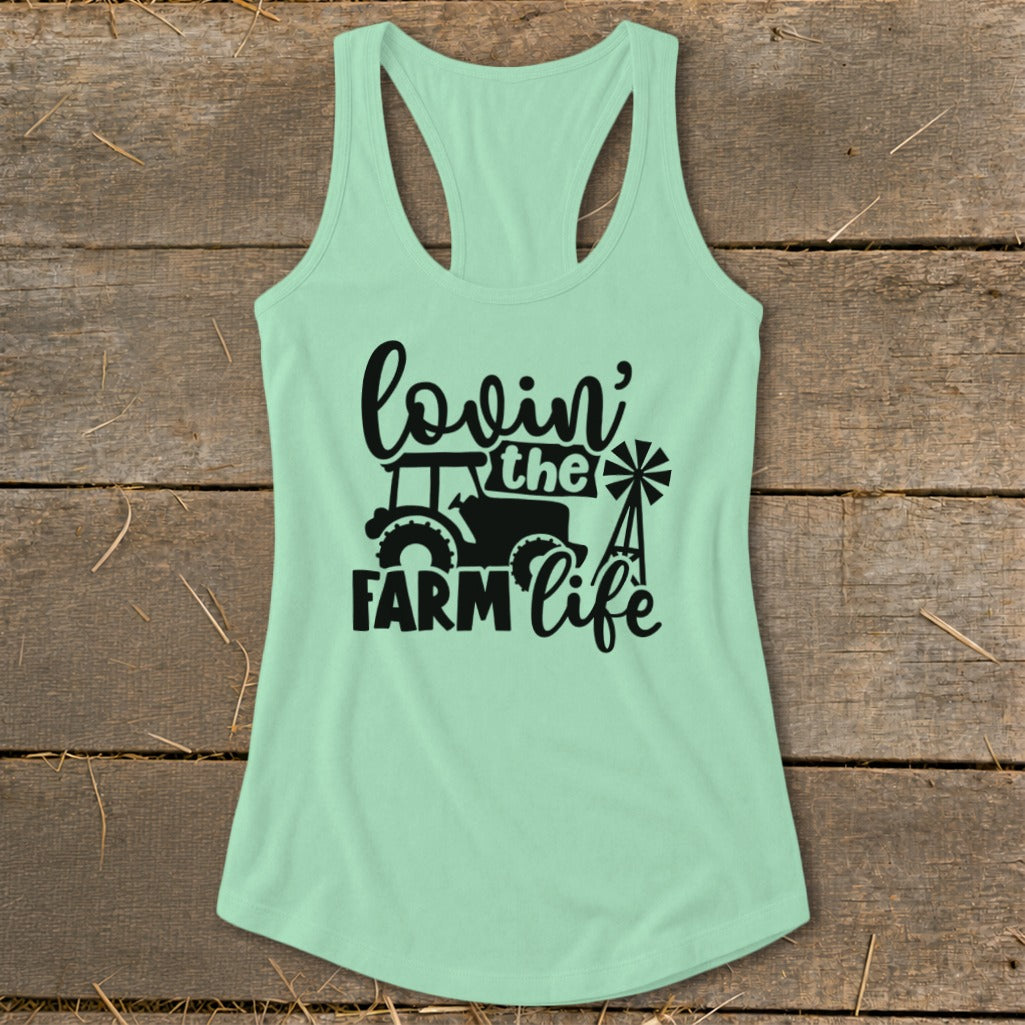 Mint tank top with "lovin' the farm life" text, tractor and windmill graphic.