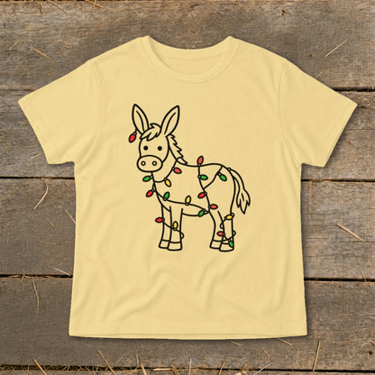 Light yellow t-shirt with a black outline drawing of a donkey wrapped in colorful Christmas lights.