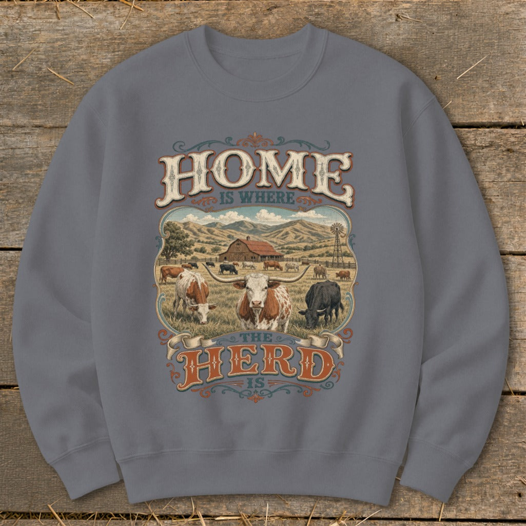 Graphic with text "HOME IS WHERE THE HERD IS" and cows in a pasture.