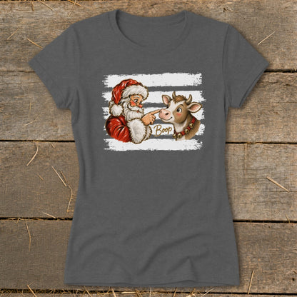 Santa booping a cow with "Boop" text on a gray t-shirt.