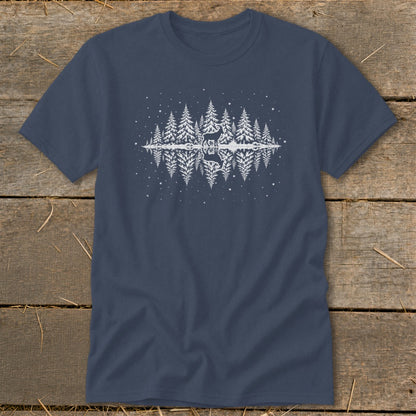 Dark blue t-shirt with white graphic of a deer and pine trees reflected in water.