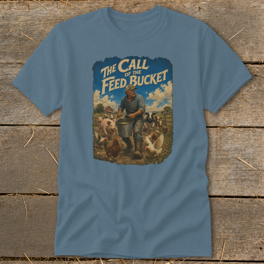 Graphic of "The Call of the Feed Bucket" on a blue t-shirt featuring a farmer feeding farm animals.