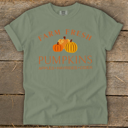 Green t-shirt with "Farm Fresh Pumpkins" and "Apples Hayrides Cider" text.