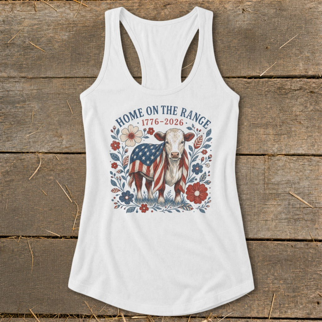 Cow with American flag and text "Home on the Range 1776-2026".