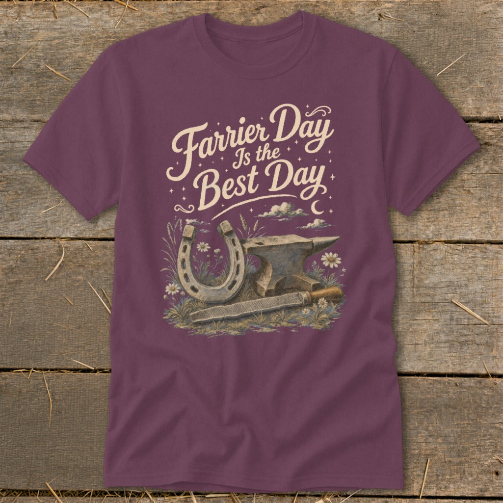 Farrier Day Is The Best Day graphic with horseshoe, anvil, rasp, and flowers.