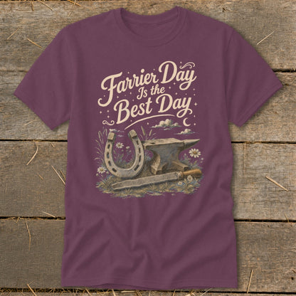 Farrier Day Is The Best Day graphic with horseshoe, anvil, rasp, and flowers.