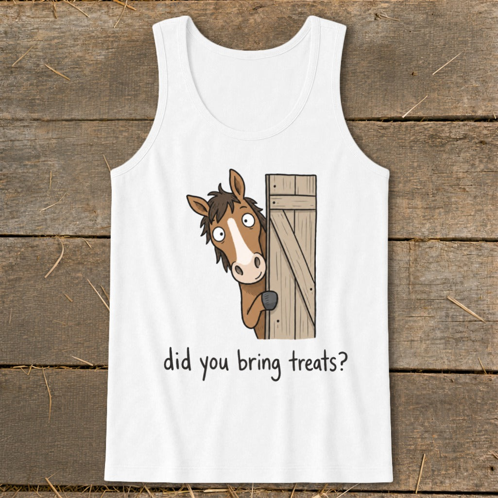 White tank top with a cartoon horse peeking from behind a wooden door with text "did you bring treats?".
