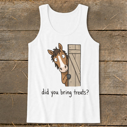 White tank top with a cartoon horse peeking from behind a wooden door with text "did you bring treats?".