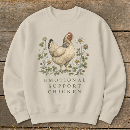 Cream sweatshirt with a vintage hen illustration and "Emotional Support Chicken" text.