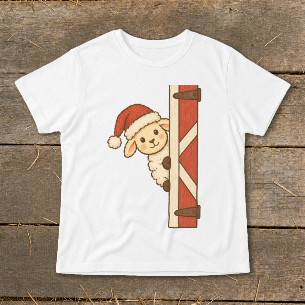 Cartoon sheep wearing a Santa hat peeking from behind a red barn door.