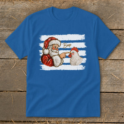 Santa booping a chicken with the word "Boop" above it.