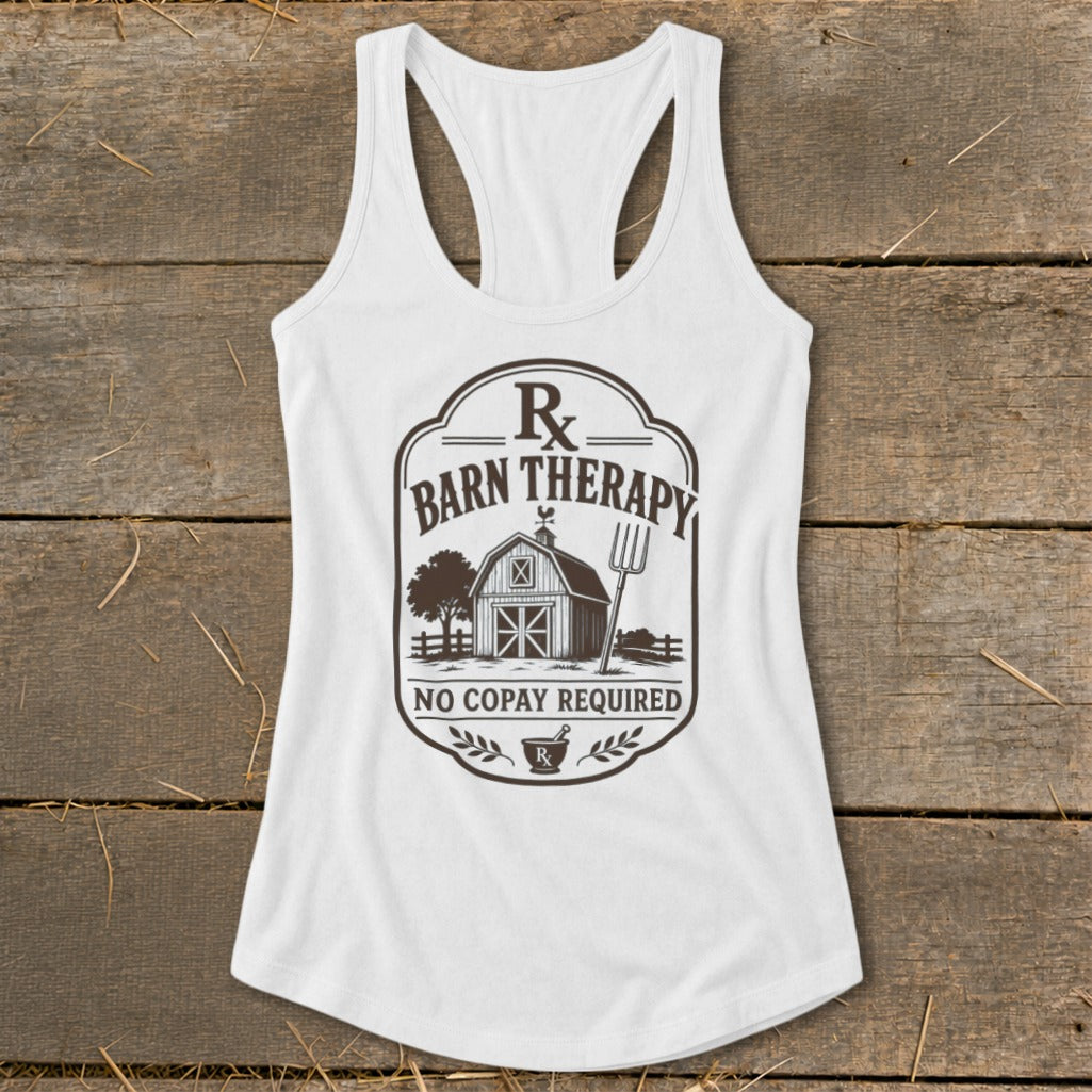 White tank top with "Rx Barn Therapy No Copay Required" graphic.