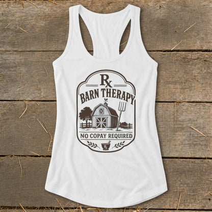 White tank top with "Rx Barn Therapy No Copay Required" graphic.
