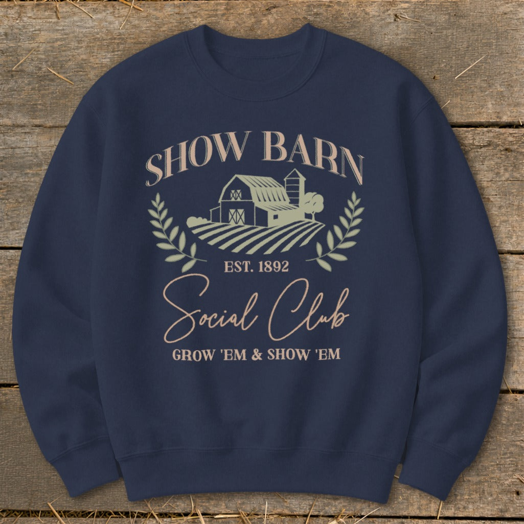 Navy sweatshirt with "Show Barn Social Club" and barn graphic.