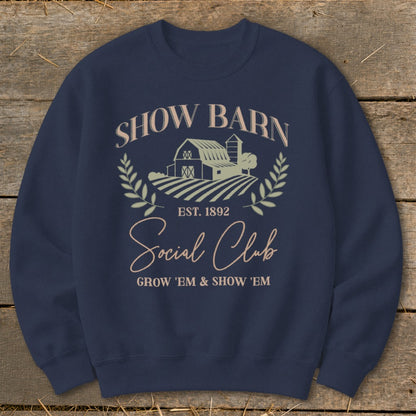 Navy sweatshirt with "Show Barn Social Club" and barn graphic.