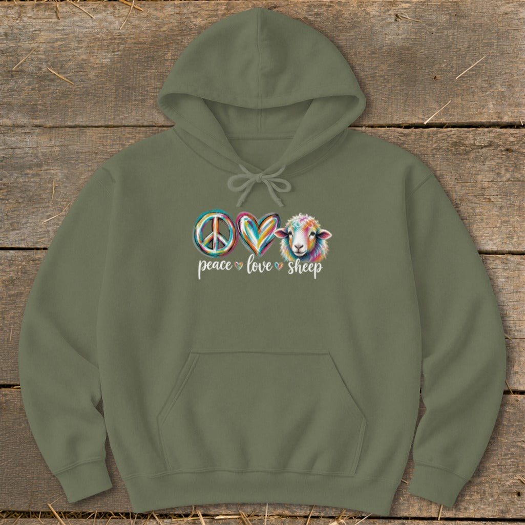 Green hoodie with peace, heart, and sheep graphic, text "peace love sheep".