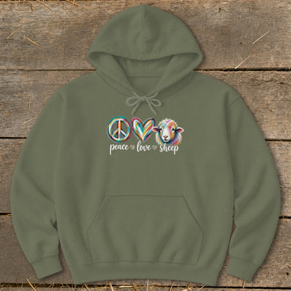Green hoodie with peace, heart, and sheep graphic, text "peace love sheep".
