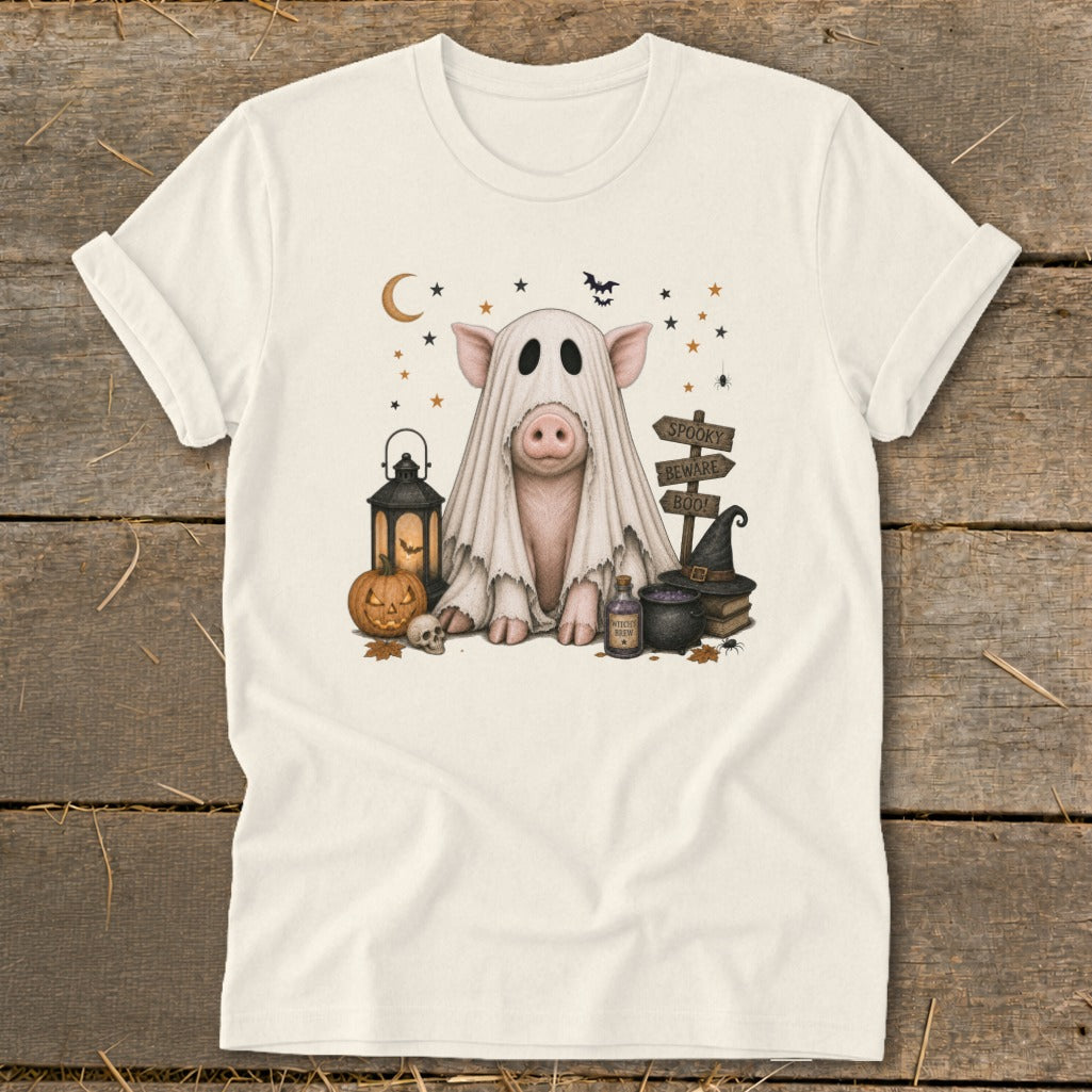 Pig in a ghost costume with Halloween decorations, "Spooky Beware Boo!" signs.