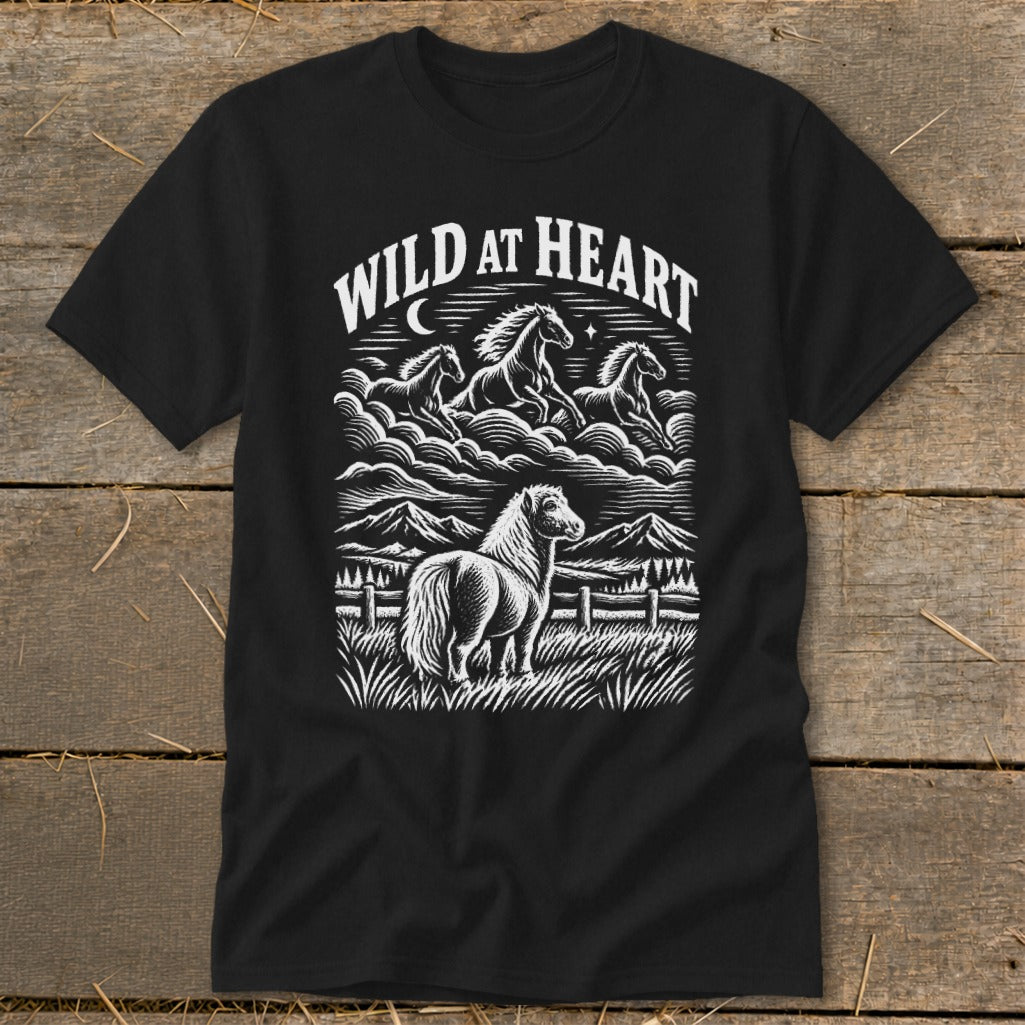 Black t-shirt with "Wild at Heart" text and a herd of horses graphic.