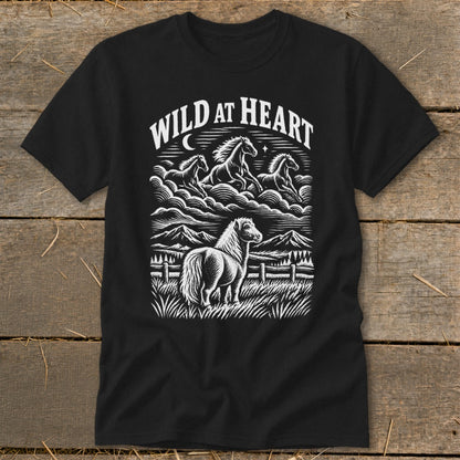 Black t-shirt with "Wild at Heart" text and a herd of horses graphic.