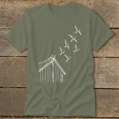 Olive green t-shirt featuring a white line drawing of a barn with birds flying upward.