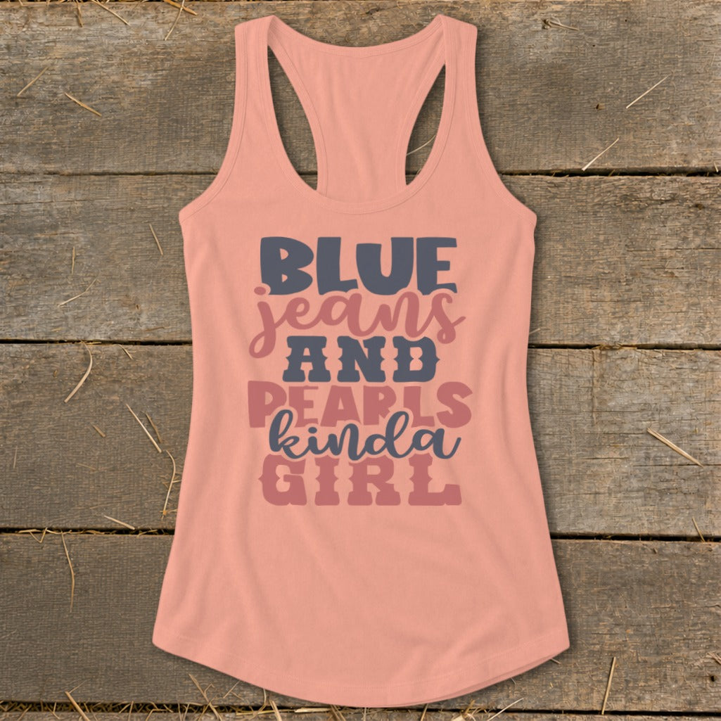 Peach tank top with "BLUE jeans AND PEARLS kinda GIRL" graphic