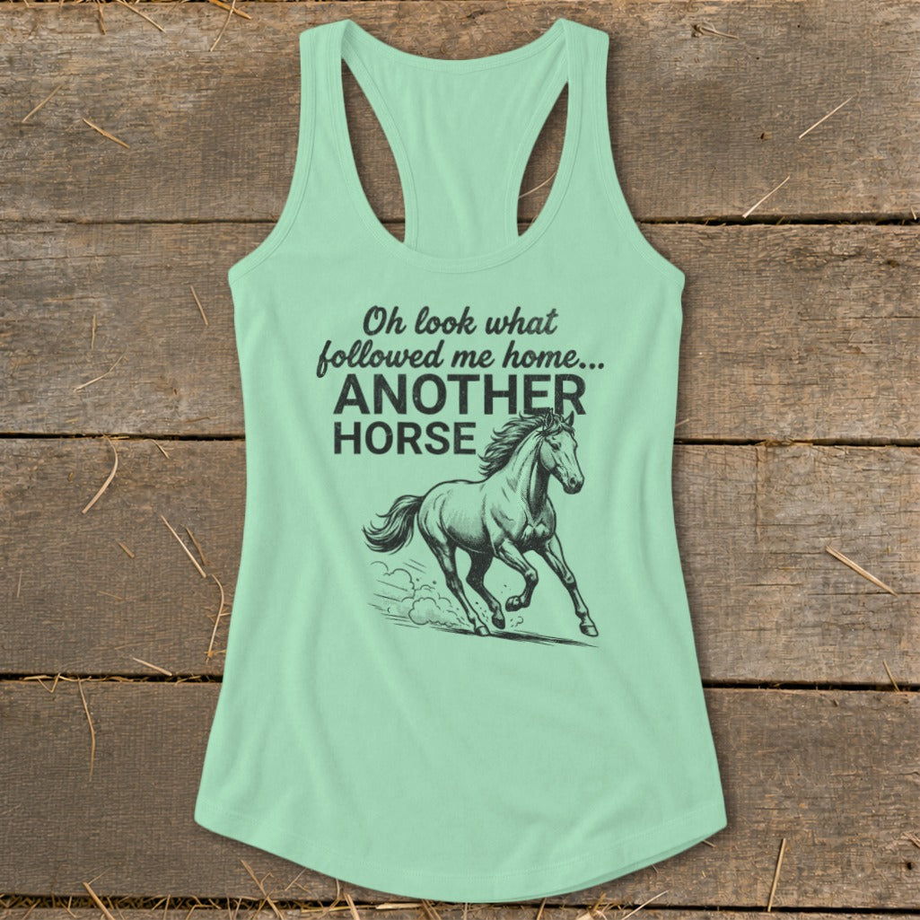 Mint green racerback tank top with "Another Horse" and galloping horse graphic.