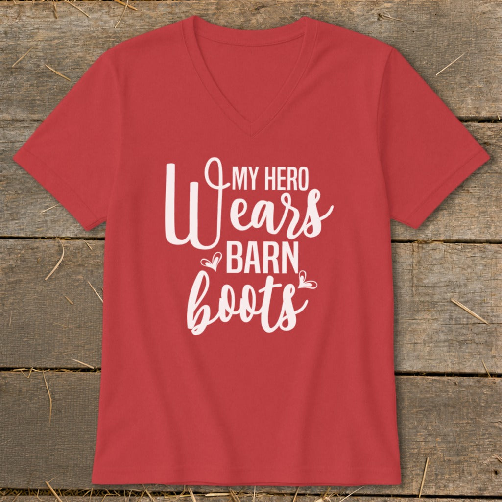 Red v-neck t-shirt with white text "My Hero Wears Barn Boots".