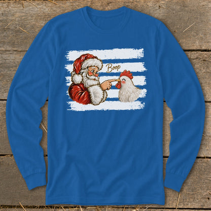 Santa booping a chicken with the word "Boop" above them on a blue long-sleeved shirt.
