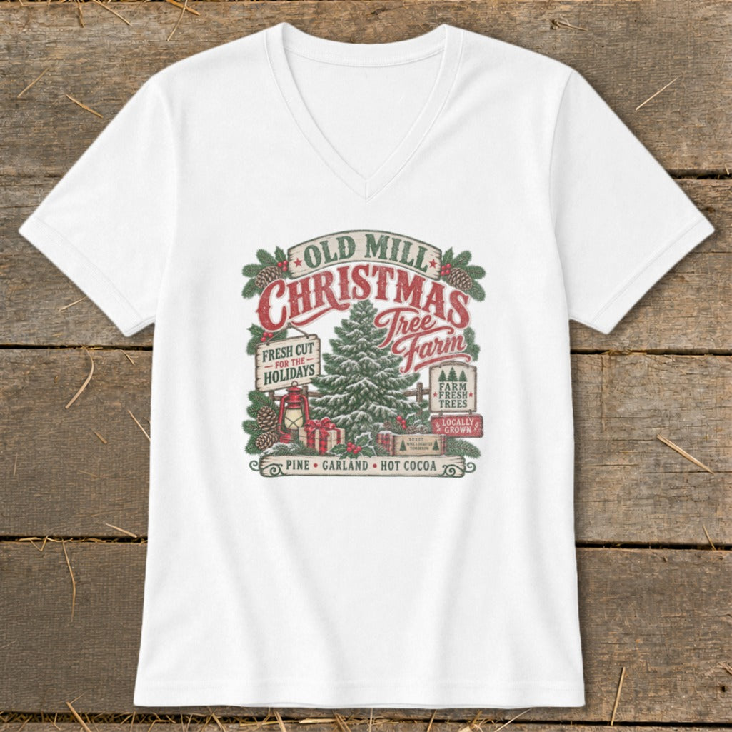 White v-neck t-shirt with "Old Mill Christmas Tree Farm" graphic.