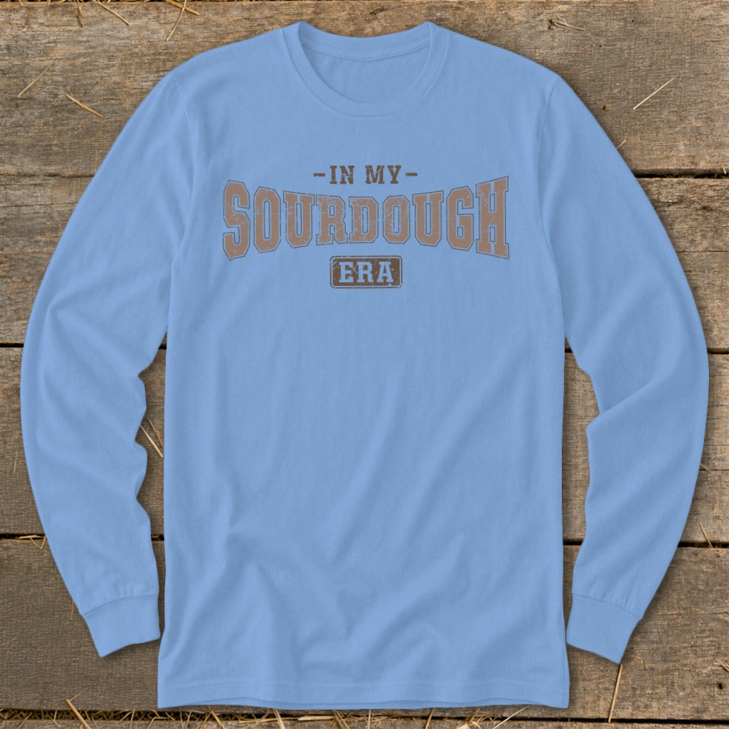 Light blue long-sleeve shirt with "In My Sourdough Era" text.