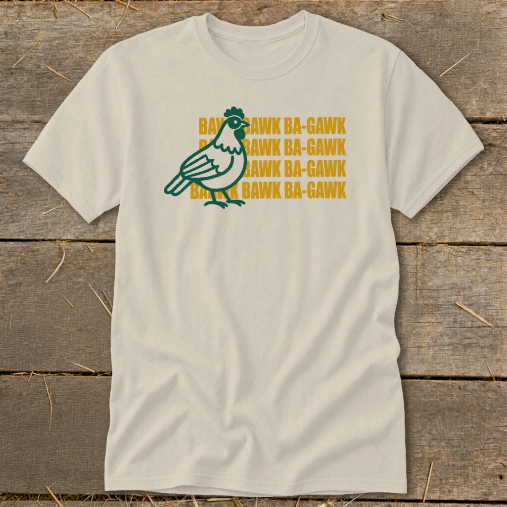 Cream t-shirt with green chicken graphic and "Bawk Ba-Gawk" text.
