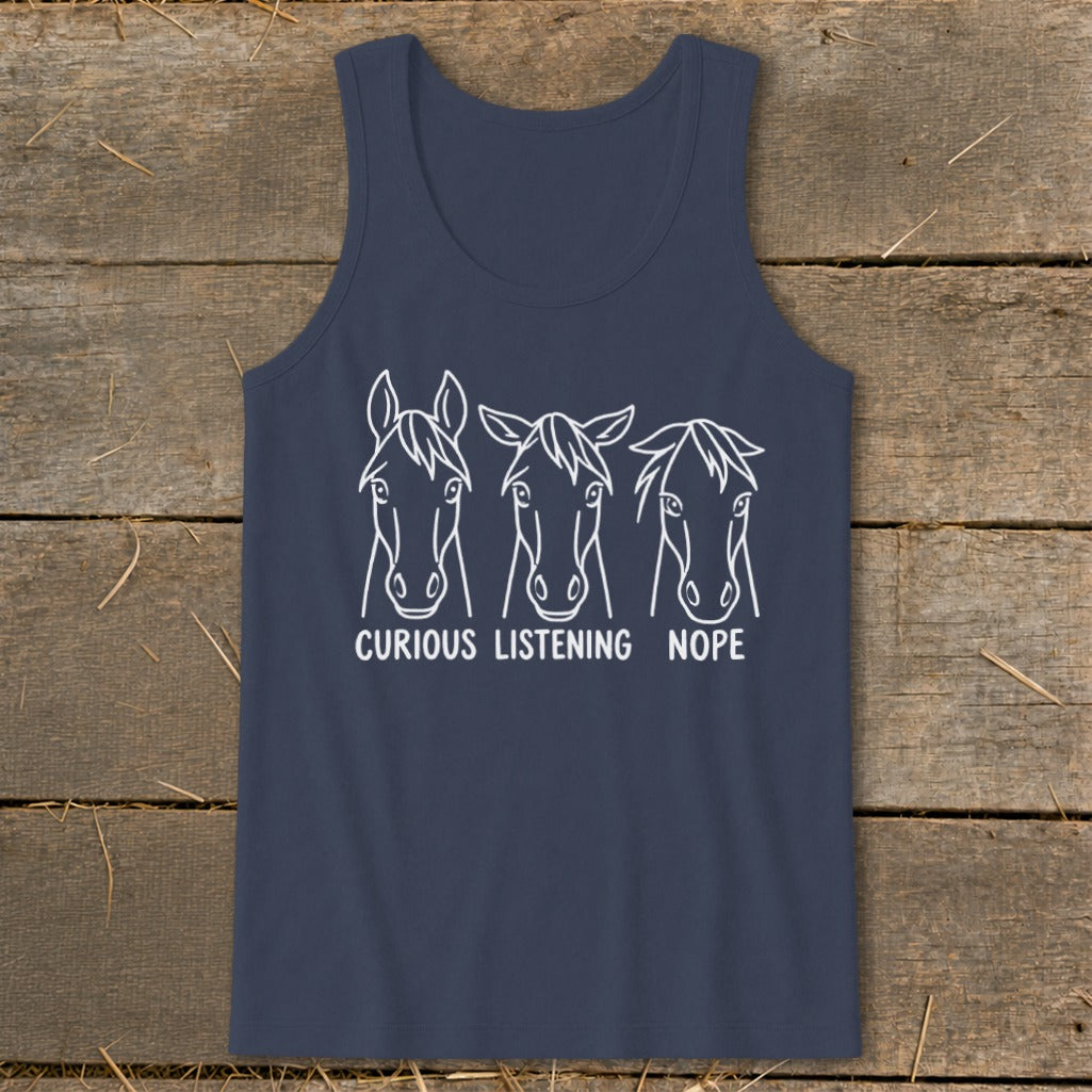 A dark blue tank top featuring three horse heads with different ear positions and the text curious, listening, and nope.
