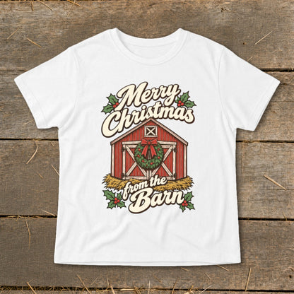 White t-shirt with "Merry Christmas from the Barn" and barn graphic.