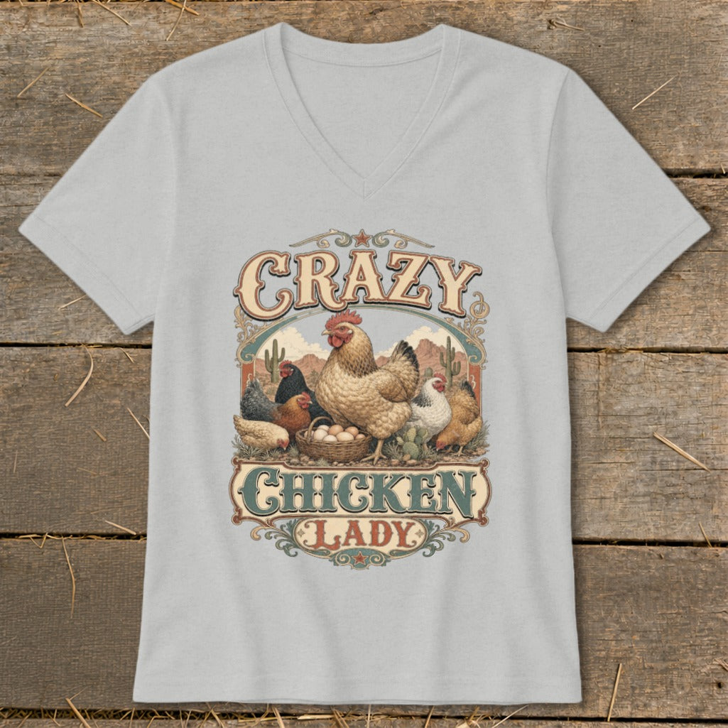 Graphic with chickens, eggs, and text "Crazy Chicken Lady" in a western style.