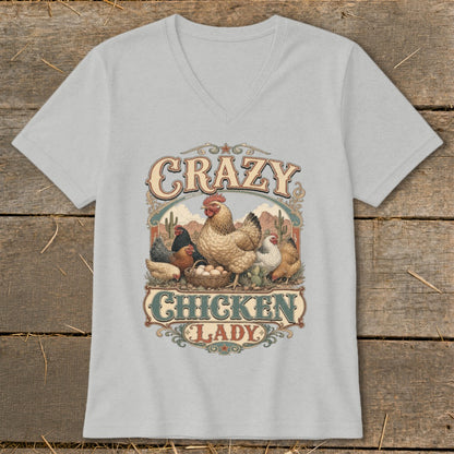 Graphic with chickens, eggs, and text "Crazy Chicken Lady" in a western style.