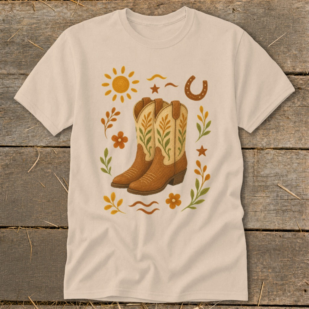 Cream t-shirt with cowboy boots, sun, horseshoe, flowers, and stars graphic.