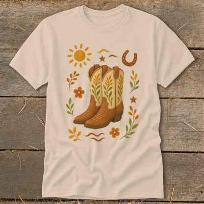 Cream t-shirt with cowboy boots, sun, horseshoe, flowers, and stars graphic.