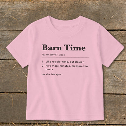 Pink t-shirt with "Barn Time" dictionary definition text.