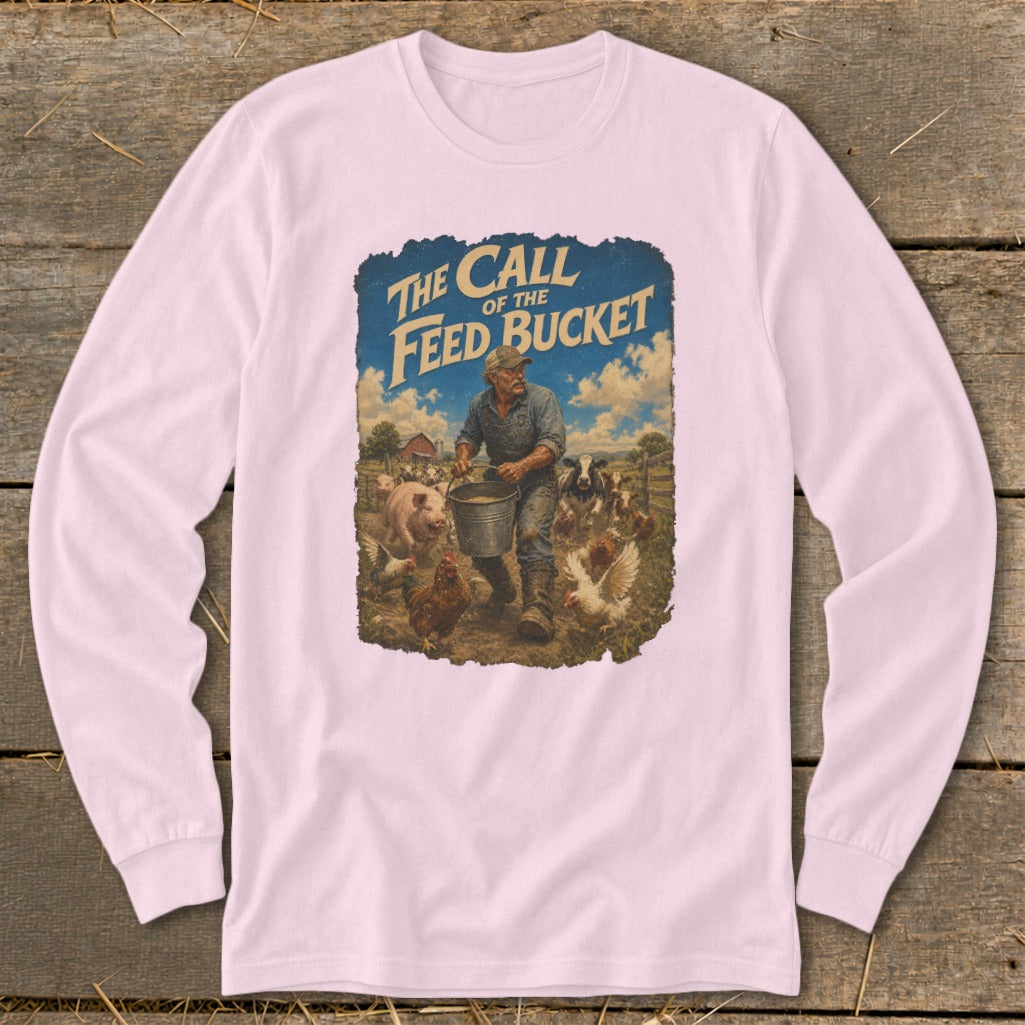 Farmer feeding animals, "The Call of the Feed Bucket" text.